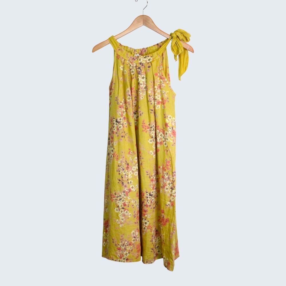 Bellambra 100% Linen Floral Halter Dress Womens Boho Shoulder Tie Yellow Medium